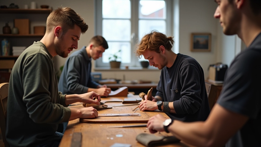 Brno workshop interior with craftspeople working on backpack assembly, natural light from large windows
