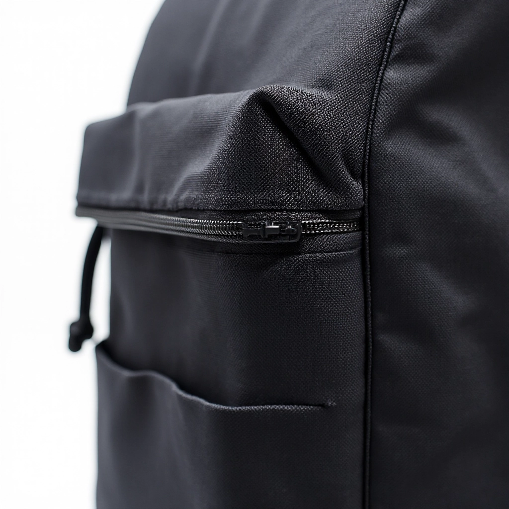 Close-up of 700D ballistic nylon fabric showing texture and reinforced stress points with YKK zipper detail